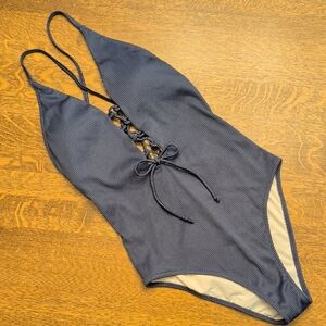 Cupshe Ribbed Lace-Up One-Piece Swimsuit - Navy Blue